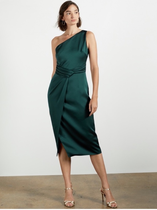 Ted Baker Dresses & Skirts - Ted Baker Zaaraa One-Shoulder Satin Draped Sheath Cocktail Dress Deep Green